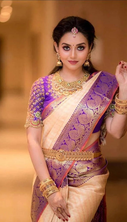Runika - Peach Soft Silk Saree with Jacquard Purple Blouse