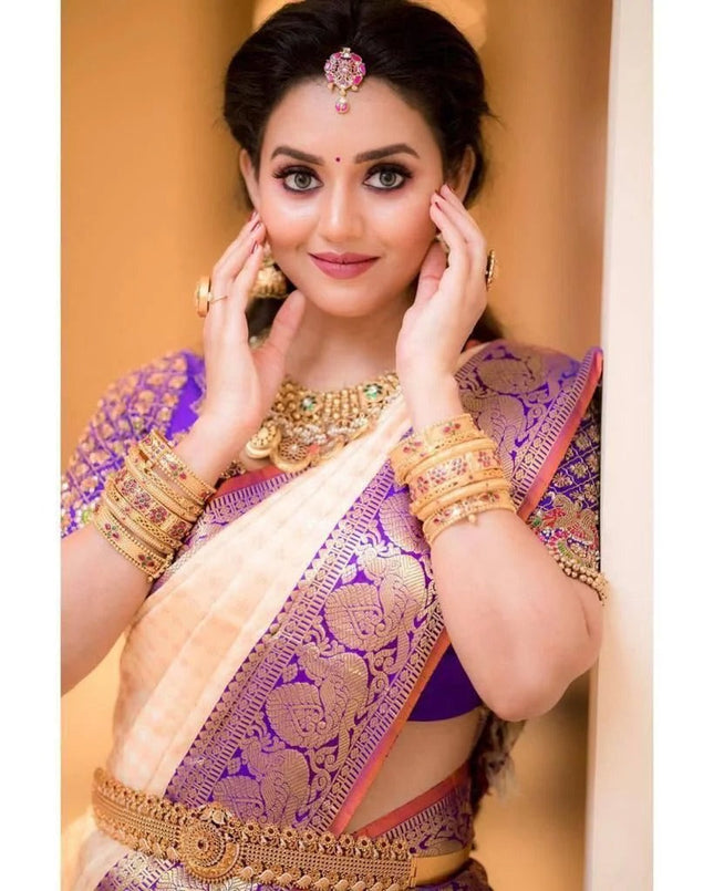 Runika - Peach Soft Silk Saree with Jacquard Purple Blouse