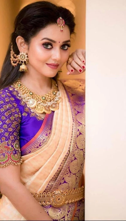 Runika - Peach Soft Silk Saree with Jacquard Purple Blouse
