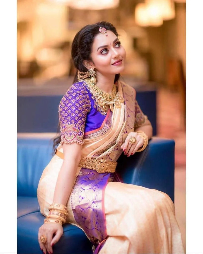 Runika - Peach Soft Silk Saree with Jacquard Purple Blouse