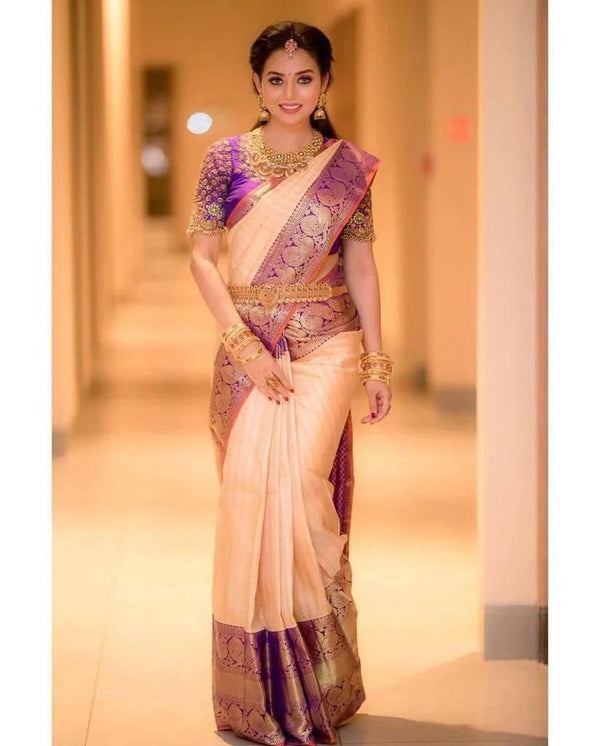 Runika - Peach Soft Silk Saree with Jacquard Purple Blouse