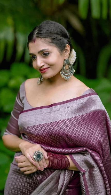 Vinika Brown Soft Kanjivaram Silk Drape with Unique Blouse Piece-Valmika