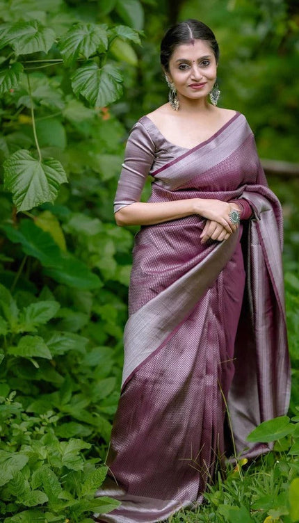 Vinika Brown Soft Kanjivaram Silk Drape with Unique Blouse Piece-Valmika