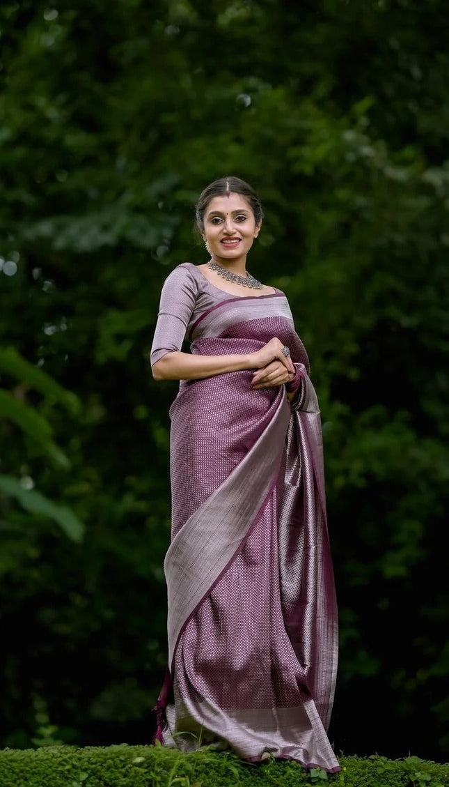 Vinika Brown Soft Kanjivaram Silk Drape with Unique Blouse Piece-Valmika