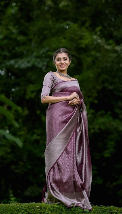 Vinika Brown Soft Kanjivaram Silk Drape with Unique Blouse Piece-Valmika