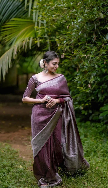 Vinika Brown Soft Kanjivaram Silk Drape with Unique Blouse Piece-Valmika