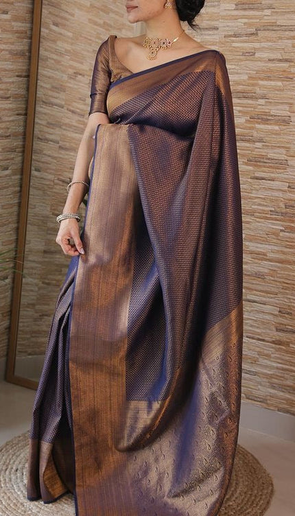 Vinika NavyBlue Soft Kanjivaram Silk Drape with Unique Blouse Piece-Valmika