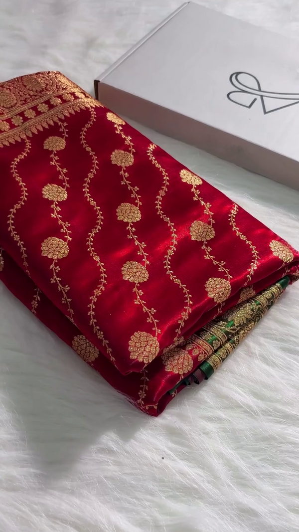 Royal Red Banarasi Silk Saree with Gold Zari Floral Jaal