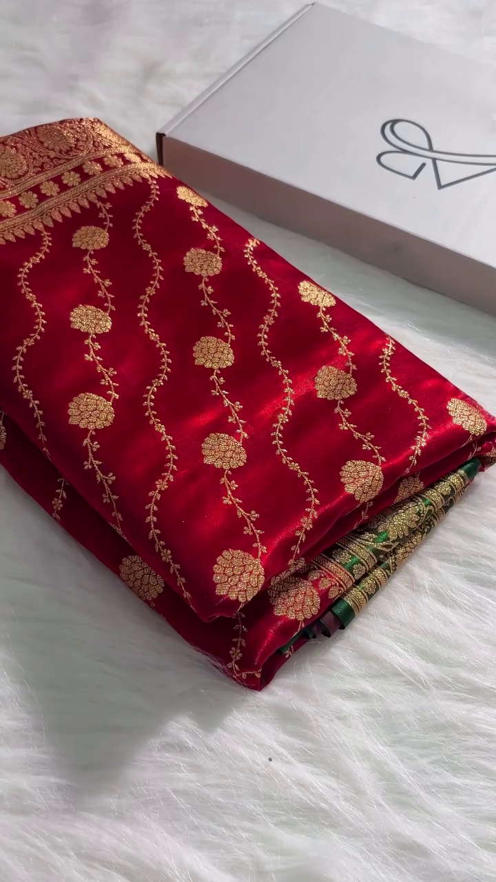 Royal Red Banarasi Silk Saree with Gold Zari Floral Jaal