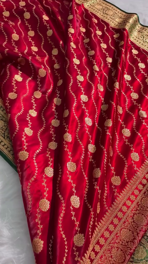 Royal Red Banarasi Silk Saree with Gold Zari Floral Jaal