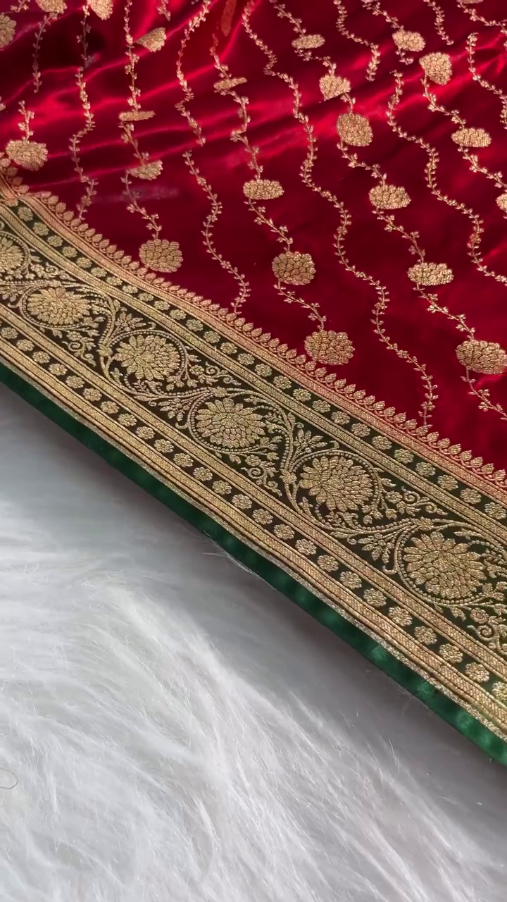 Royal Red Banarasi Silk Saree with Gold Zari Floral Jaal