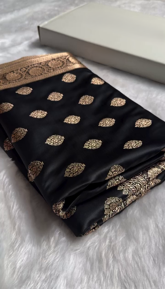 Black Banarasi Silk Saree with Gold Zari Leaf Butta