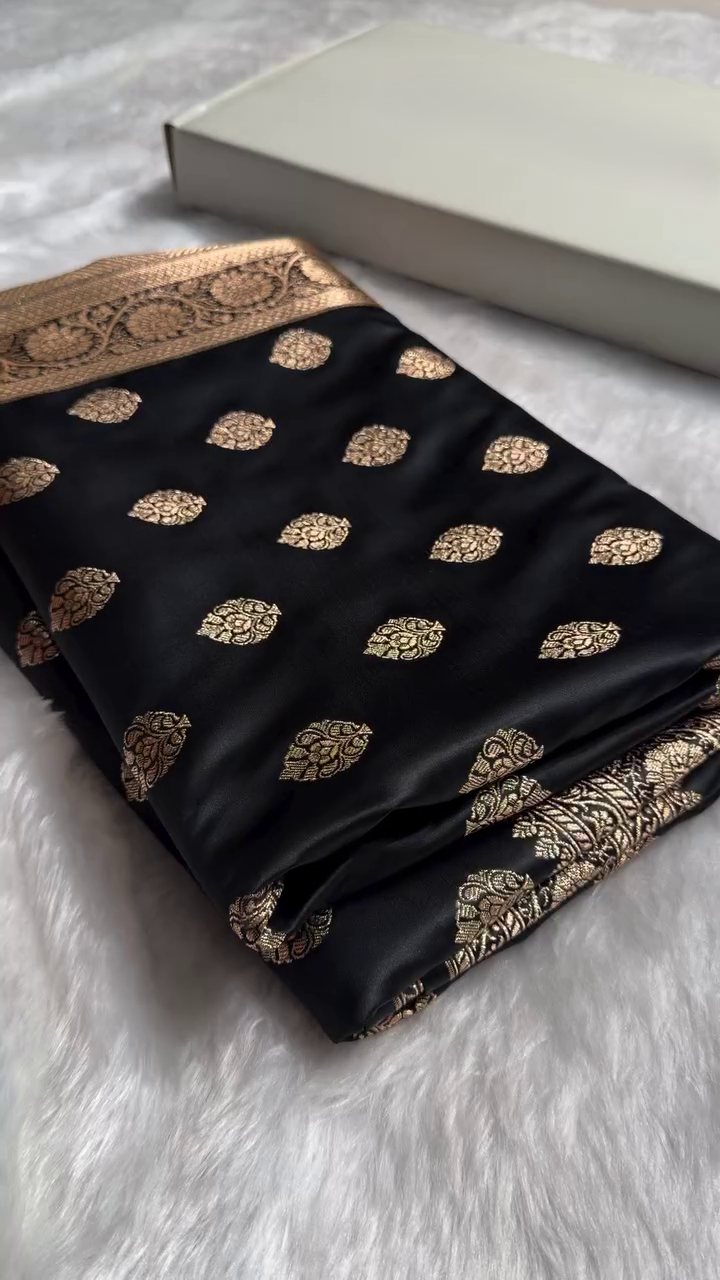 Black Banarasi Silk Saree with Gold Zari Leaf Butta