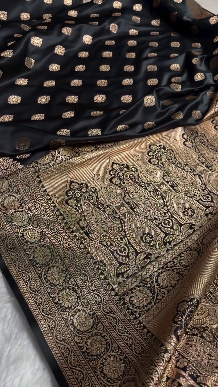 Black Banarasi Silk Saree with Gold Zari Leaf Butta