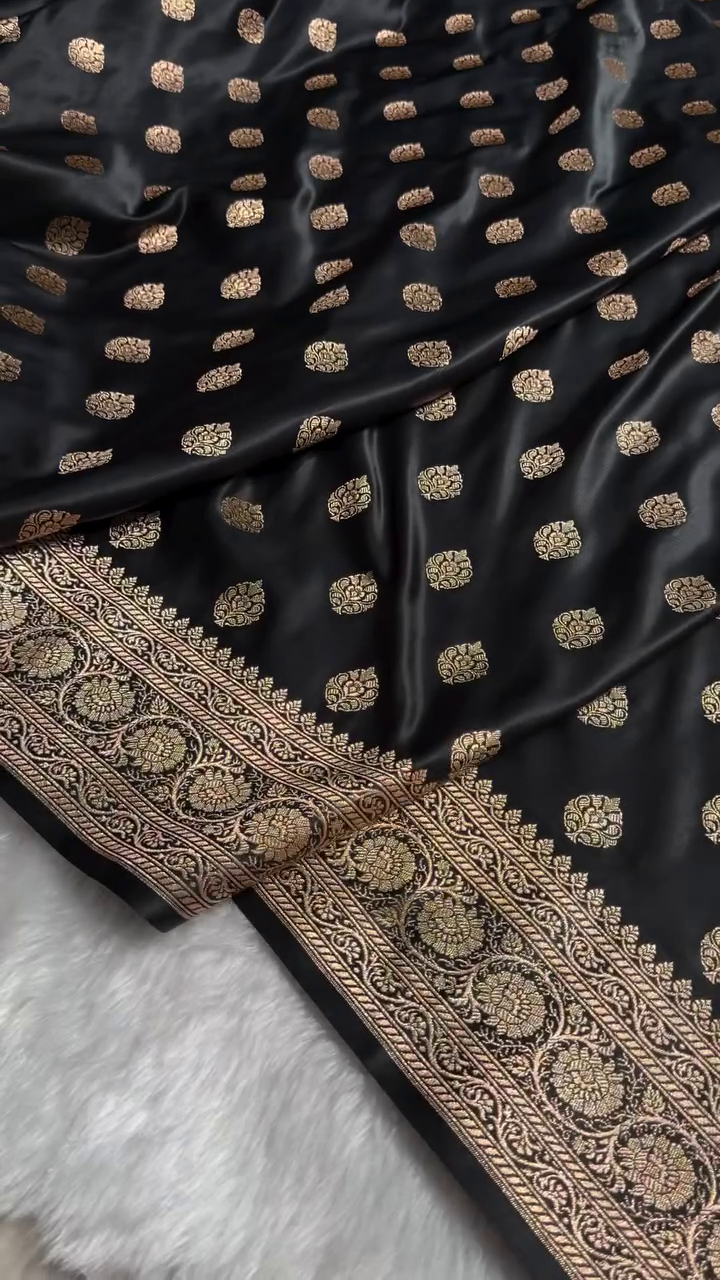 Black Banarasi Silk Saree with Gold Zari Leaf Butta