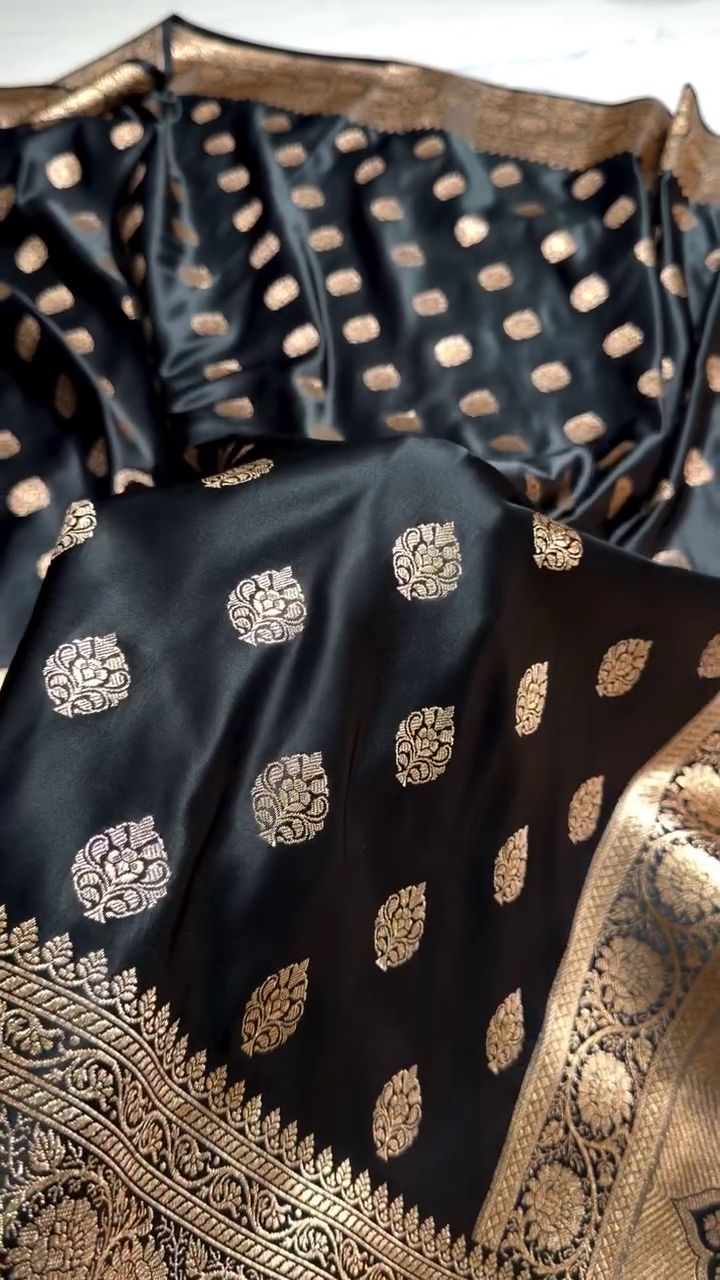 Black Banarasi Silk Saree with Gold Zari Leaf Butta