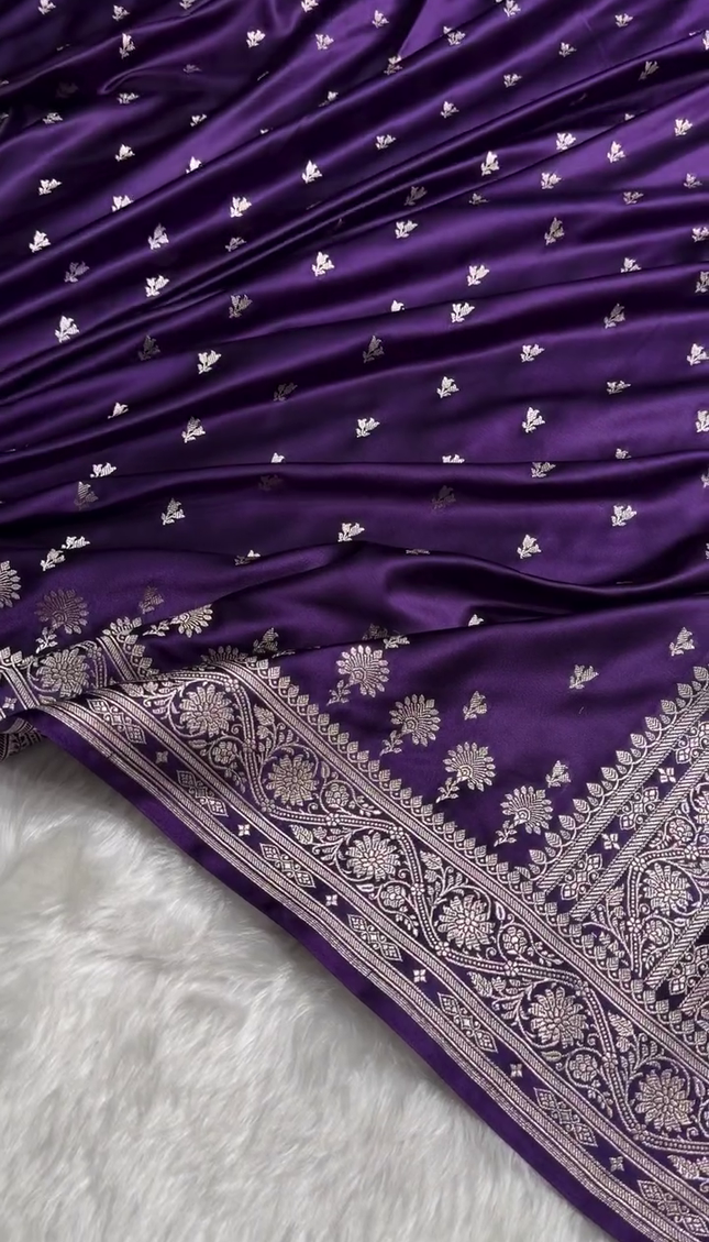 Royal Purple Banarasi Silk Saree with Silver Zari Floral Butta