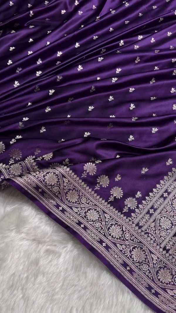 Royal Purple Banarasi Silk Saree with Silver Zari Floral Butta