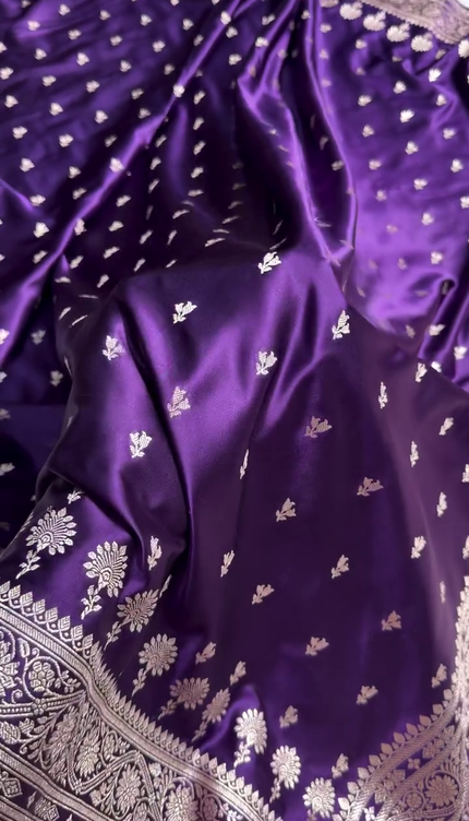 Royal Purple Banarasi Silk Saree with Silver Zari Floral Butta