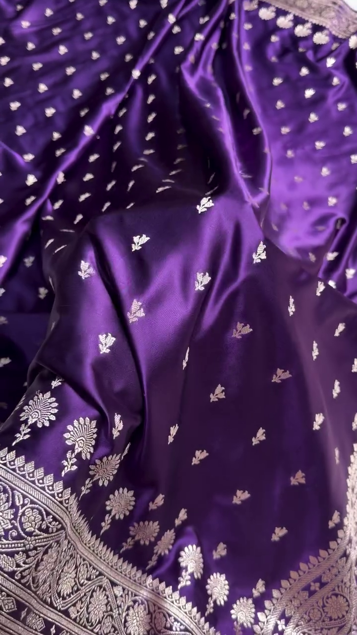 Royal Purple Banarasi Silk Saree with Silver Zari Floral Butta