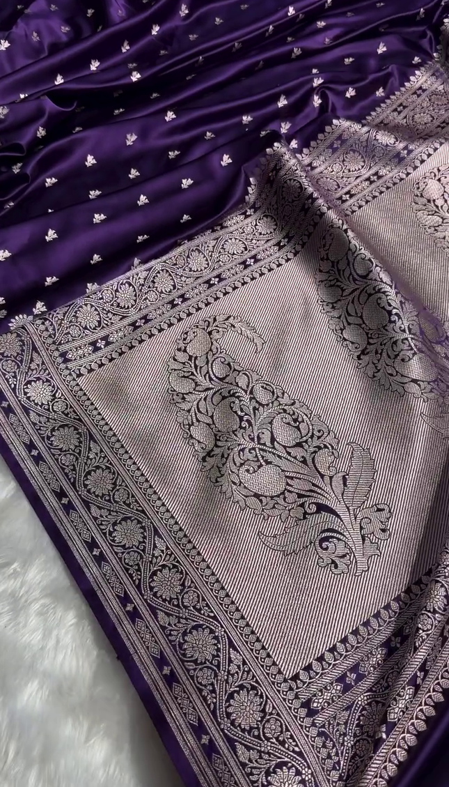 Royal Purple Banarasi Silk Saree with Silver Zari Floral Butta