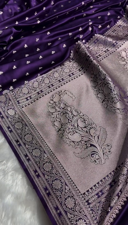 Royal Purple Banarasi Silk Saree with Silver Zari Floral Butta