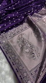 Royal Purple Banarasi Silk Saree with Silver Zari Floral Butta