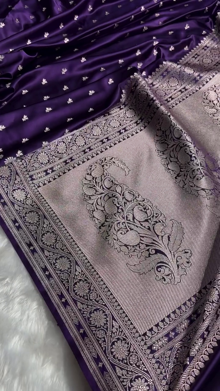 Royal Purple Banarasi Silk Saree with Silver Zari Floral Butta