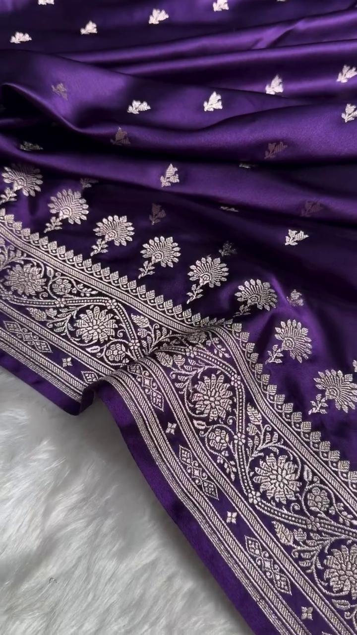 Royal Purple Banarasi Silk Saree with Silver Zari Floral Butta