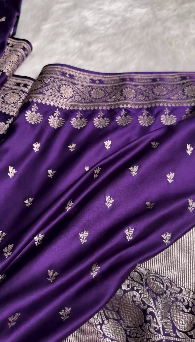 Royal Purple Banarasi Silk Saree with Silver Zari Floral Butta