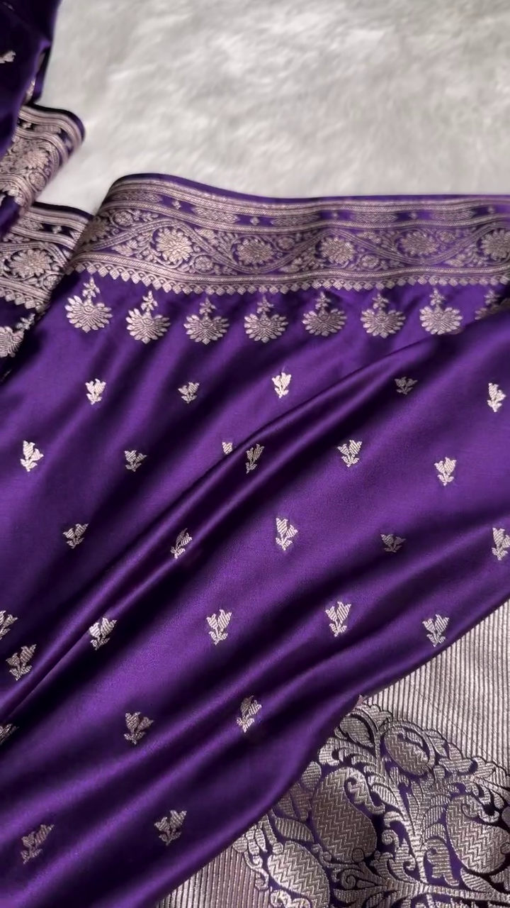 Royal Purple Banarasi Silk Saree with Silver Zari Floral Butta