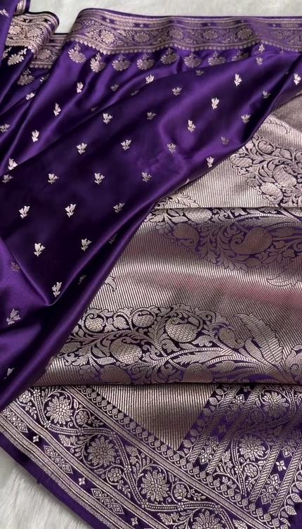 Royal Purple Banarasi Silk Saree with Silver Zari Floral Butta