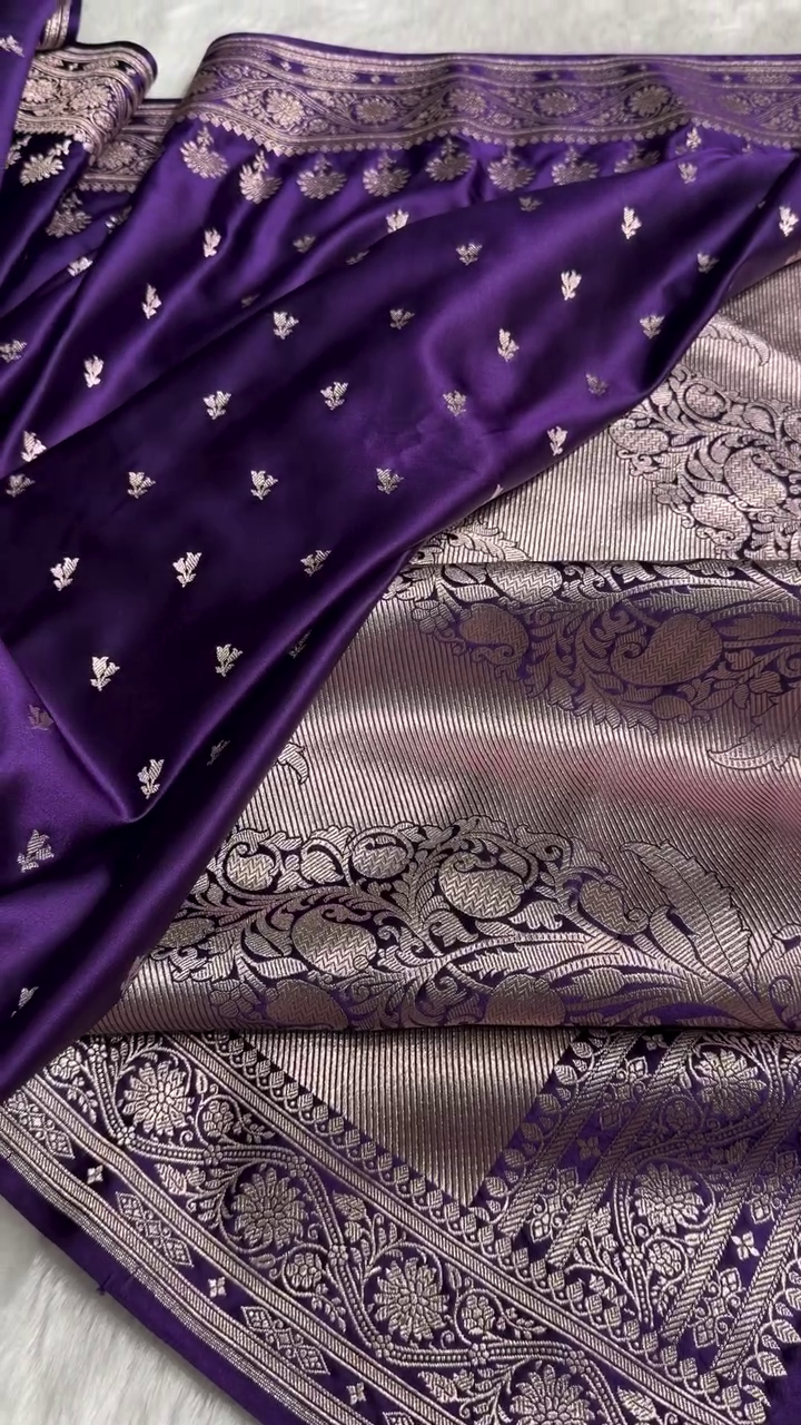 Royal Purple Banarasi Silk Saree with Silver Zari Floral Butta