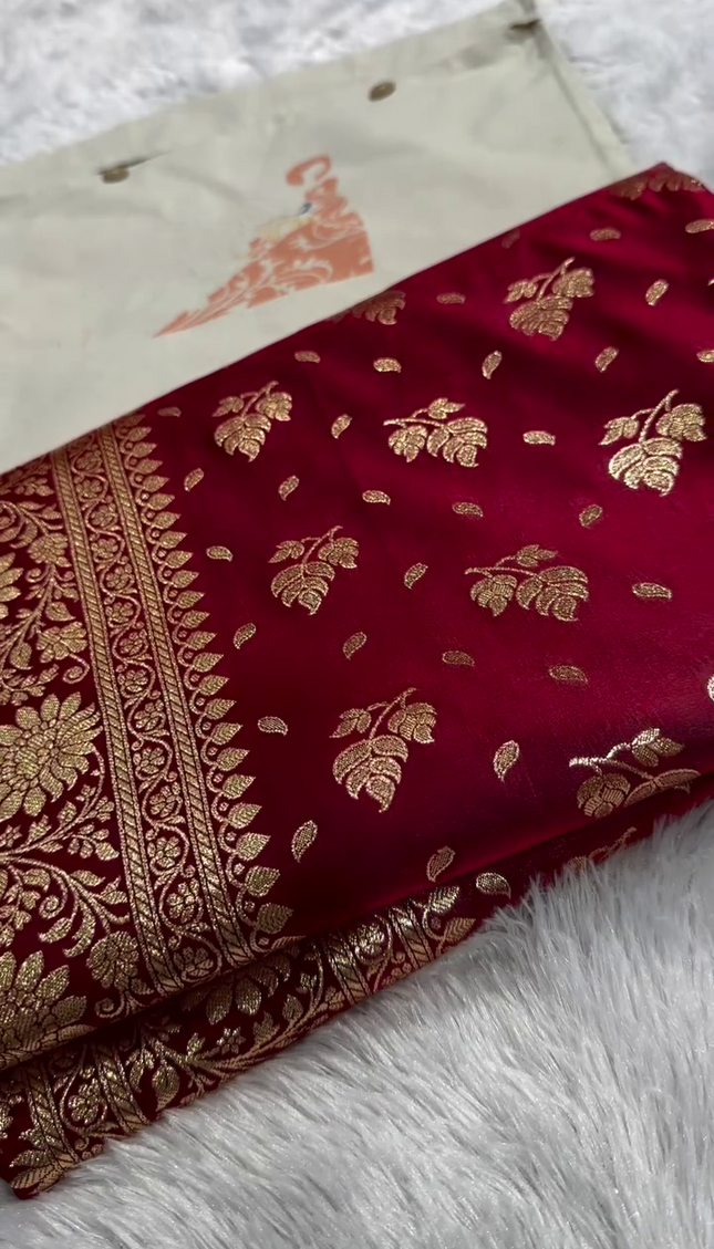 Maroon Banarasi Silk Saree with Gold Zari Leaf Butta