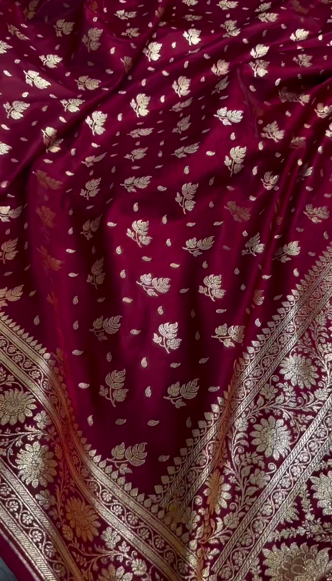 Maroon Banarasi Silk Saree with Gold Zari Leaf Butta