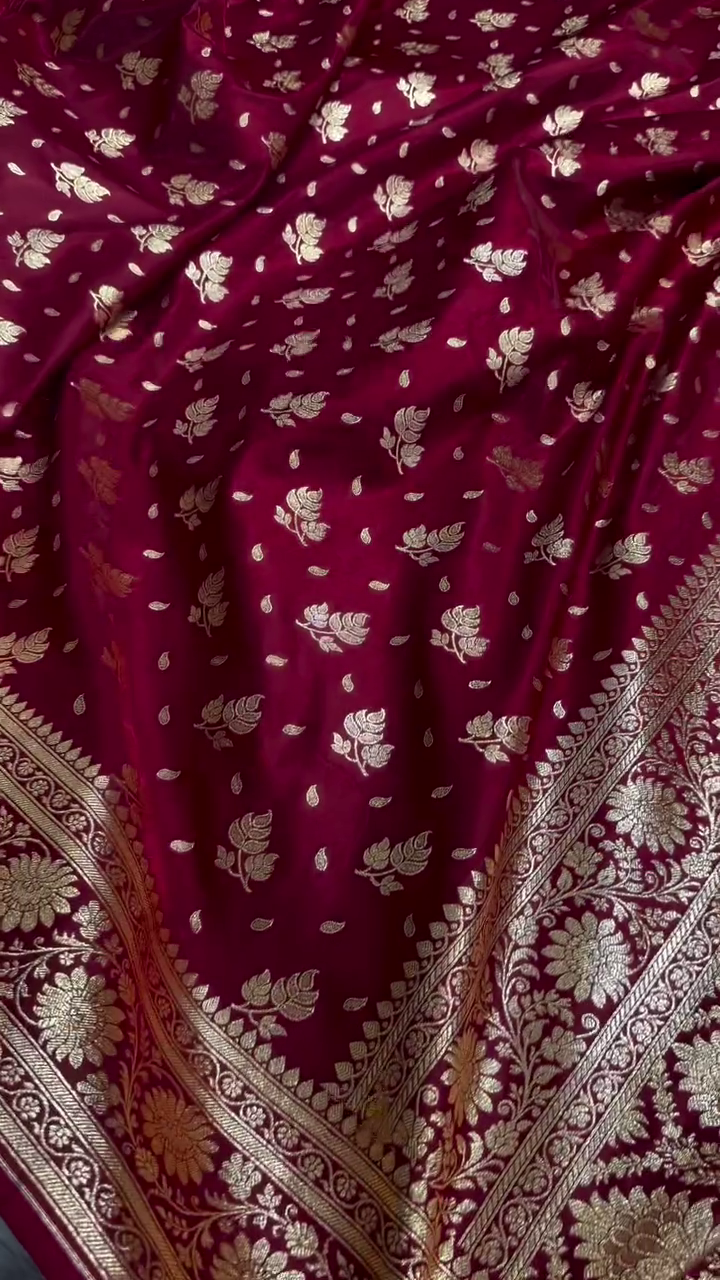 Maroon Banarasi Silk Saree with Gold Zari Leaf Butta