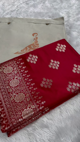 Crimson Red Banarasi Silk Saree with Silver Zari Floral Butta