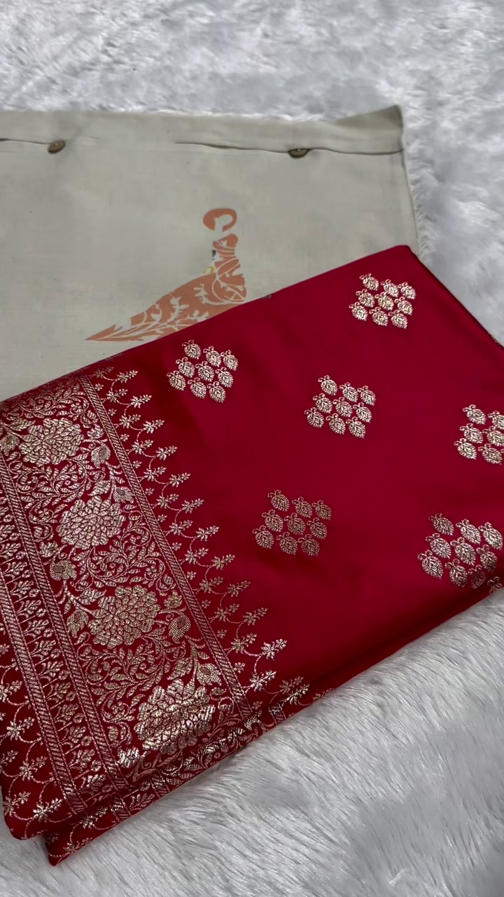 Crimson Red Banarasi Silk Saree with Silver Zari Floral Butta