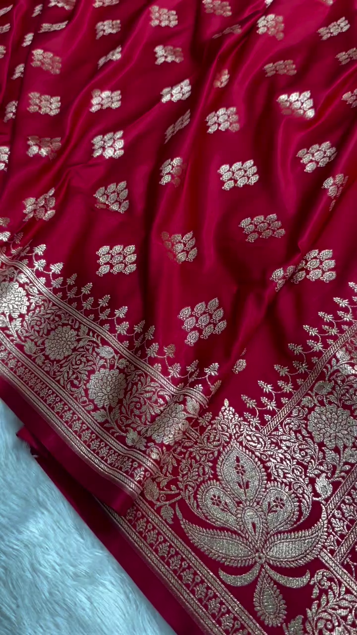 Crimson Red Banarasi Silk Saree with Silver Zari Floral Butta
