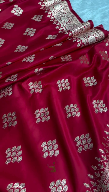 Crimson Red Banarasi Silk Saree with Silver Zari Floral Butta