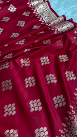 Crimson Red Banarasi Silk Saree with Silver Zari Floral Butta