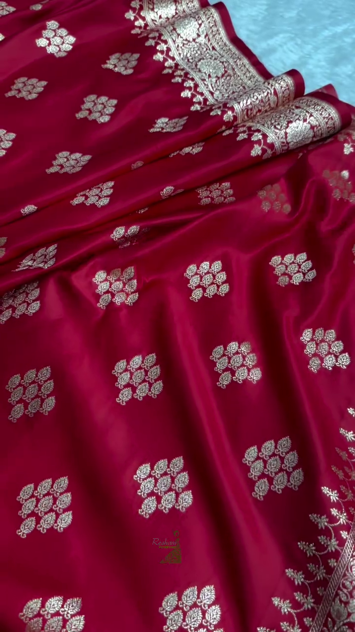 Crimson Red Banarasi Silk Saree with Silver Zari Floral Butta
