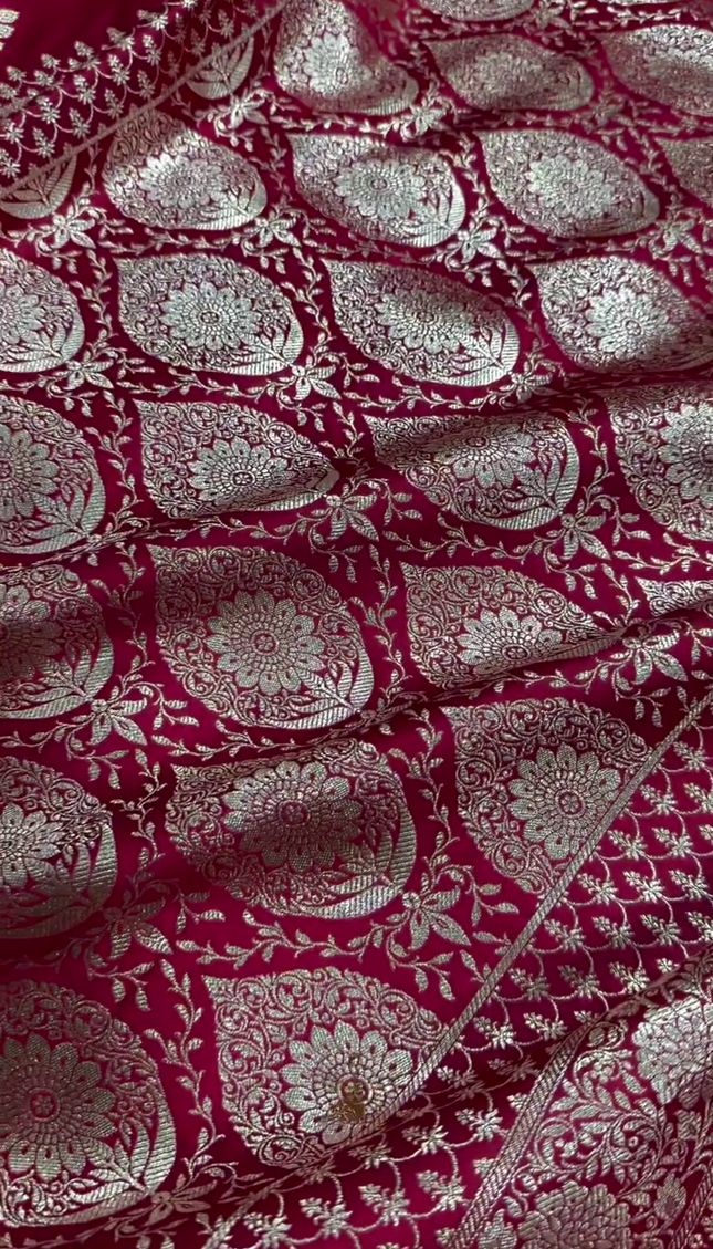 Crimson Red Banarasi Silk Saree with Silver Zari Floral Butta