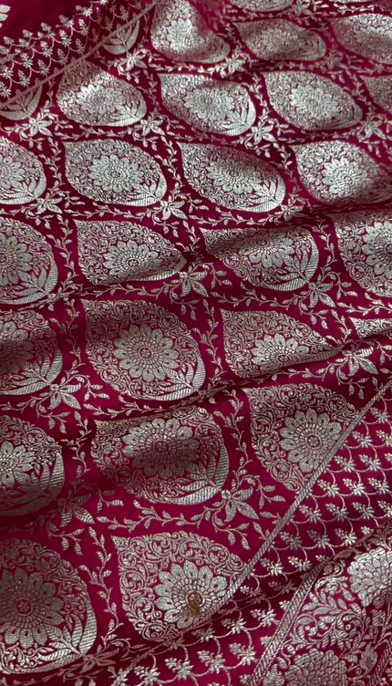 Crimson Red Banarasi Silk Saree with Silver Zari Floral Butta