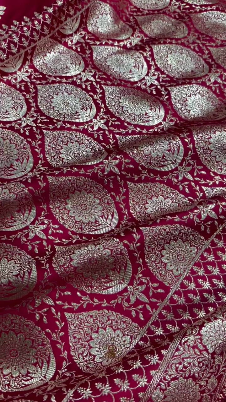 Crimson Red Banarasi Silk Saree with Silver Zari Floral Butta