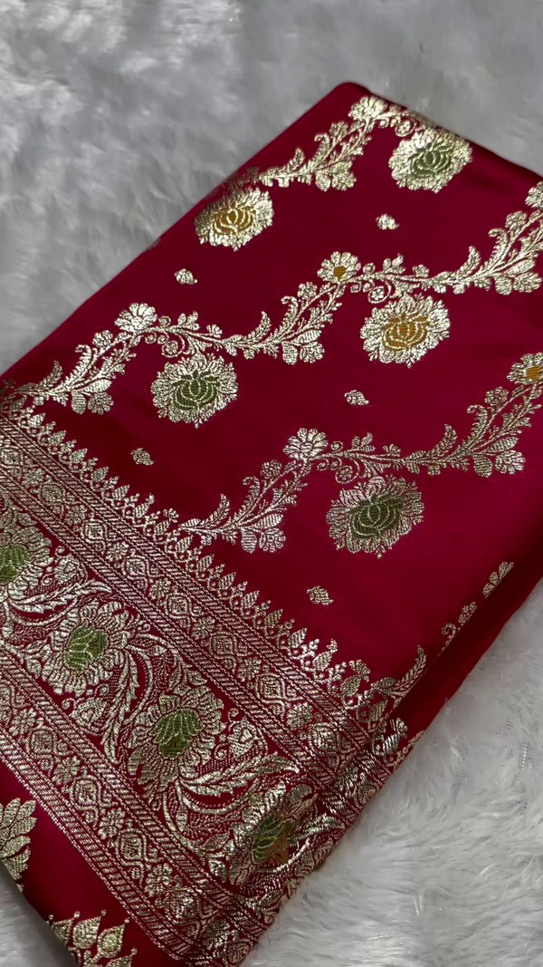 Rani Pink Banarasi Silk Saree with Dual-Tone Zari Floral Jaal