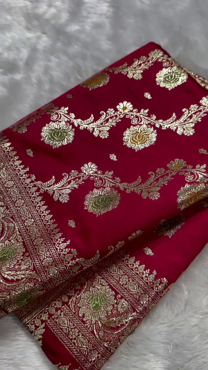 Rani Pink Banarasi Silk Saree with Dual-Tone Zari Floral Jaal