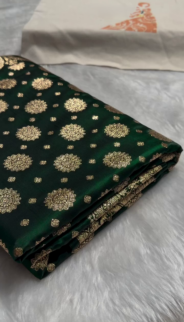 Emerald Green Banarasi Silk Saree with Gold Zari Circular Butta
