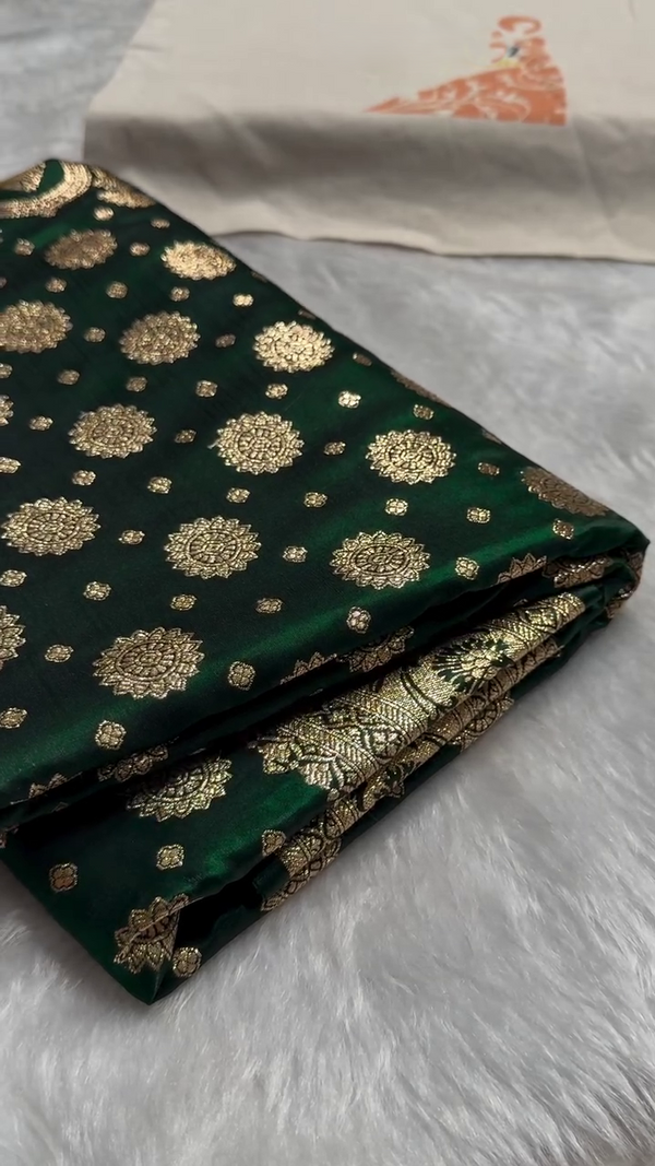 Emerald Green Banarasi Silk Saree with Gold Zari Circular Butta