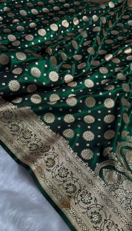 Emerald Green Banarasi Silk Saree with Gold Zari Circular Butta
